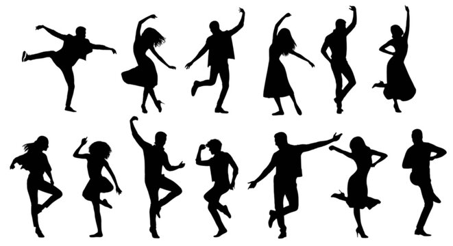 Dynamic silhouettes of dancers performing energetic and varied movements in mid-air isolated on transparent background, Vector