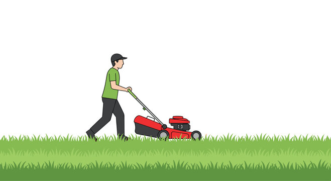 A focused man wearing a green t-shirt and black baseball cap pushes a red gasoline-powered lawnmower across a vibrant and freshly cut green garden lawn.