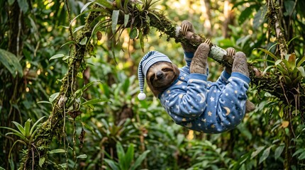 Fototapeta premium Adorable Sloth Wearing Blue Pajamas and Striped Sleep Cap Hanging Upside Down from a Mossy Branch in Lush Tropical Rainforest.