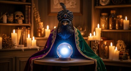 Obraz premium Mystical raven seer adorned in a rich regal cloak and turban gazing intently into a glowing blue crystal ball in a dimly lit enchanted chamber