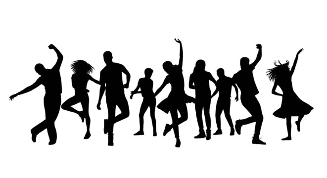 Silhouettes of diverse group dancing together in joyful celebration pose. isolated on transparent background, Vector