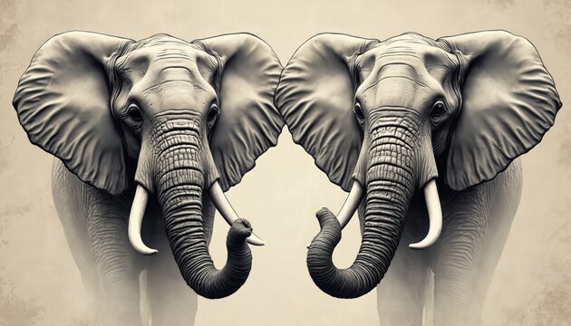 Two elephants drawn in detail face forward. Their tusks and trunks are prominent. This graphic illustration has a vintage feel. It shows paired large mammals side by side.