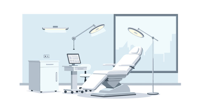 This sophisticated medical office contains a sleek white examination chair positioned near a computer workstation and a large window overlooking a city skyline.