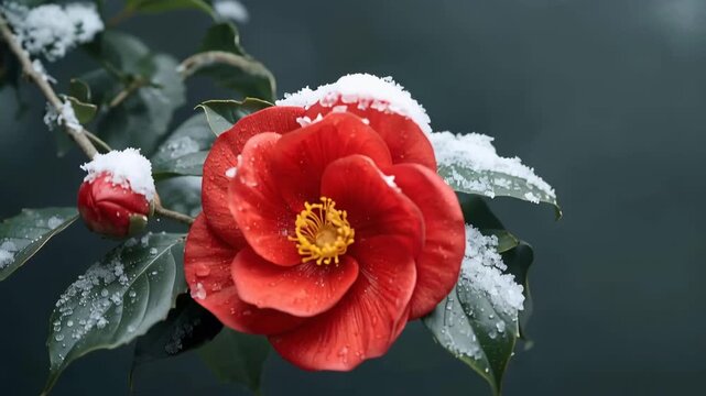 雪化粧の赤い椿が庭の枝で凛として咲く冬の朝