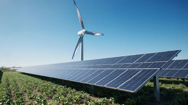 Solar panels and wind turbine powering agricultural land under clear blue sky