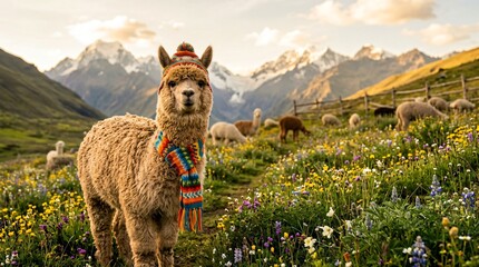 Fototapeta premium Adorable Peruvian Alpaca Wearing Colorful Knitted Hat and Scarf Posing in a Vibrant Mountain Landscape with Wildflowers at Golden Hour
