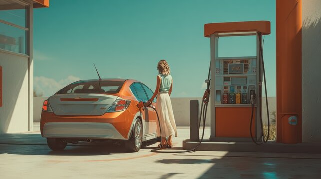 woman refueling her car at a modern gas station, driver out of the vehicle, uncluttered background, photorealistic, 8k