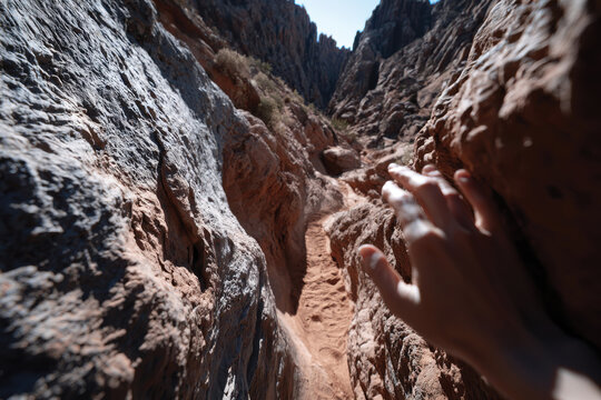 A close-up view of a hand touching the rough, textured rocks of a narrow canyon, emphasizing the tactile connection between humans and the magnificent natural world.
