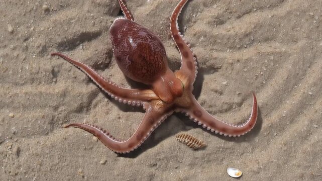 砂地に体を平らにして黄土色に変わるタコの擬態