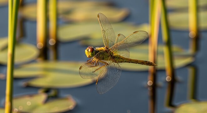 Dragonfly Resting on a Lily Pad in Sunlight.