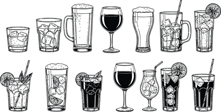 Assorted Hand Drawn Alcoholic and Non Alcoholic Beverages in Various Glassware