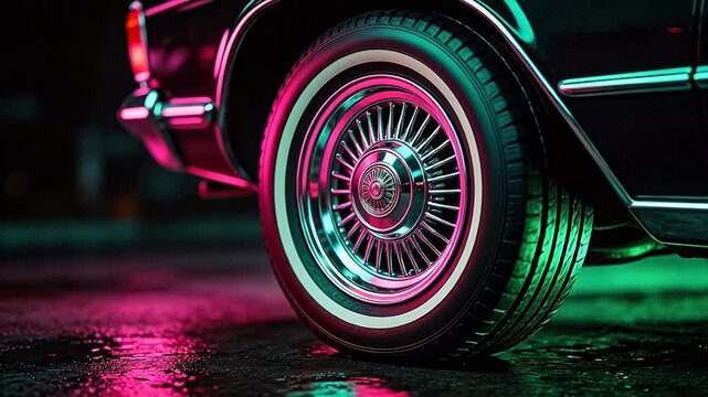 Closeup of a classic car wheel with neon lights
