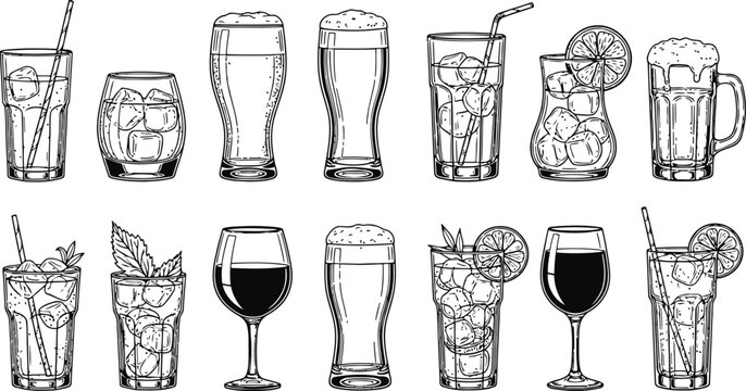 Assortment of Hand-Drawn Alcoholic and Non-Alcoholic Beverages with Ice and Garnishes in Various Glassware