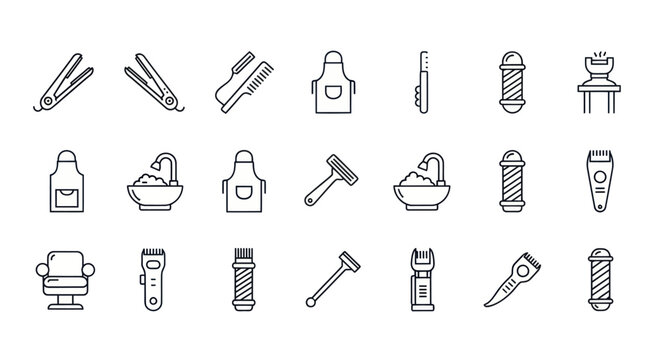 Collection of barber shop and hair salon icons in line art.
