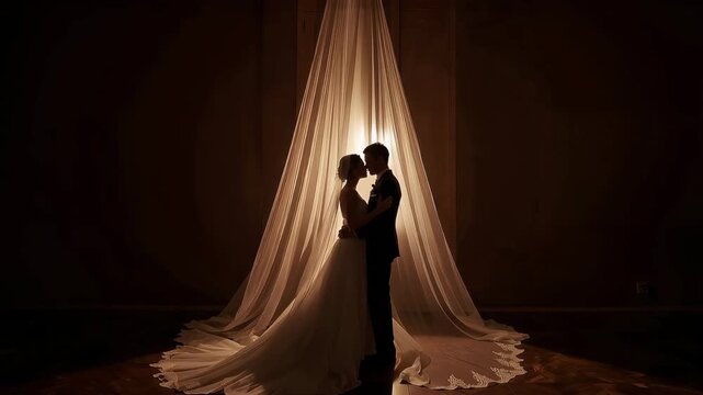 一灯を床寄りに置き光の柱で日本人新郎新婦を彫り出す