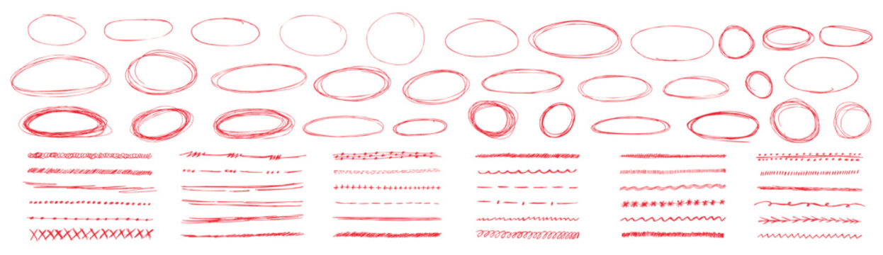 Red pen strokes forming circle underline shapes with doodle arrow elements. Rough doodles encircle key notes using strike accents. Vector kit for highlight text scribble