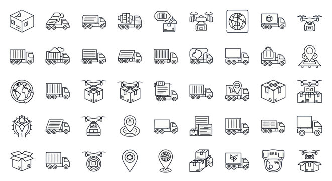 Set of logistics delivery icons and shipping service symbols in thin line style