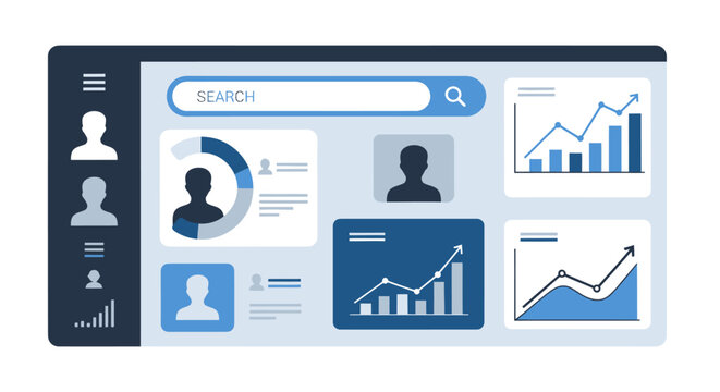 Business analytics dashboard with financial data charts and user profiles