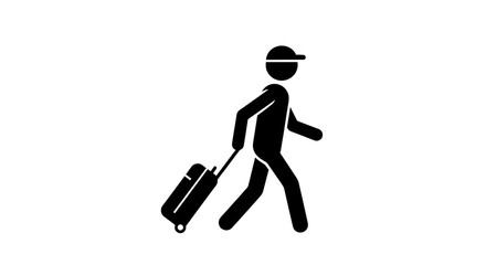 A single black icon of a person wearing a hat and pulling a suitcase, depicted in a simple style against a white background, representing travel or transportation in a most complete and © Wicaksono