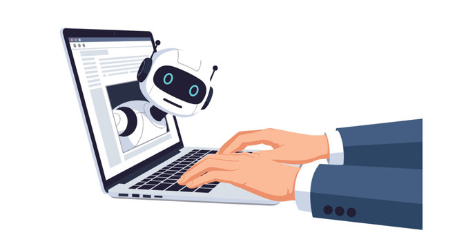 A friendly white robot head emerges from a laptop screen to interact with a person whose hands are actively typing on the grey computer keyboard keys.