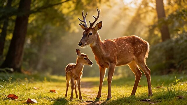 Deer and fawn in forest