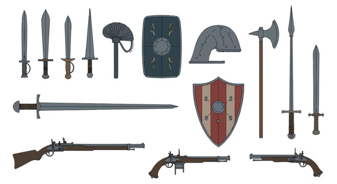 Flat lay of various medieval and modern weapons with a shield on a white background.