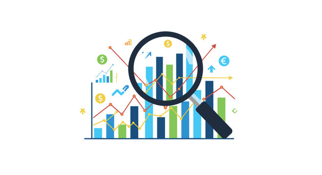 A large magnifying glass with a black frame focuses intently on a complex colorful bar chart and multiple intersecting line graphs with currency symbols.