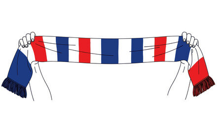 Hands holding a France sports scarf with blue, white, and red stripes for fan support © Naswi