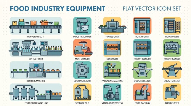 Flat vector icon set of food industry equipment, representing different machines used in food processing and production. This includes a food processing line and equipment such as mixer and slicer