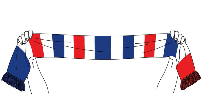 Hands holding a France sports scarf with blue, white, and red stripes for fan support