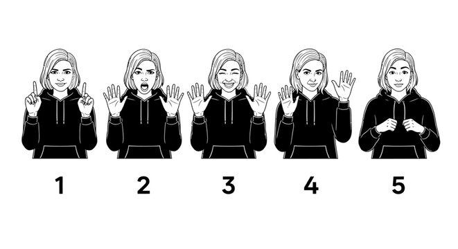 Woman showing different facial expressions and hand gestures in sign language