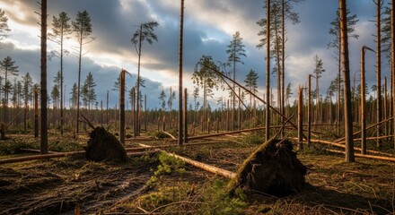 Obraz premium Dramatic Forest Landscape After Devastating Storm with Fallen Trees.