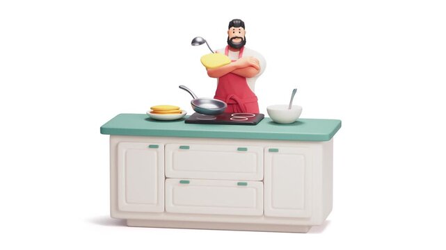 3D seamless loop. Stylized muscular chef in a red apron stands by a kitchen island, nodding. Above an induction hob, a floating pan flips a pancake. A spoon stirs batter. Isolated on white background.