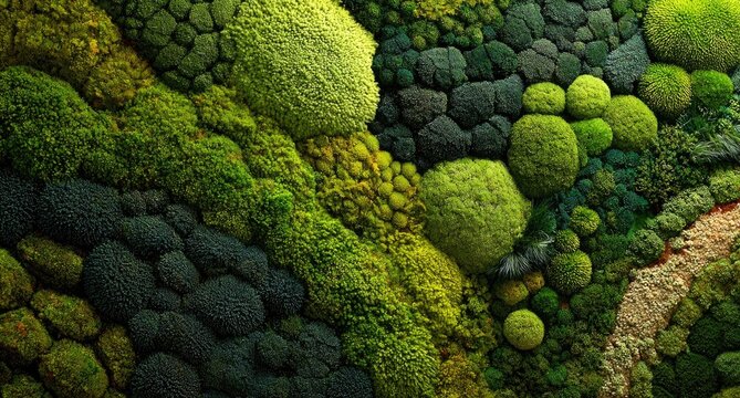 Lush, textured green moss landscape showing varying shades and clustered organic shapes