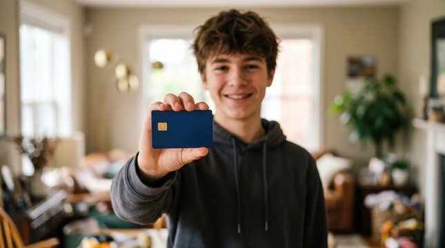 Teenager holding a credit card inside a house.