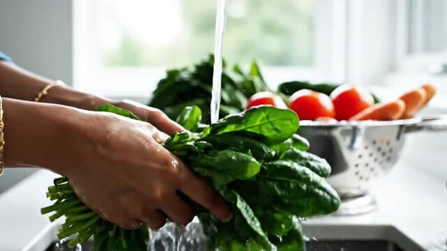Person washing fresh green spinach under running water in a kitchen sink with other vegetables in the background.