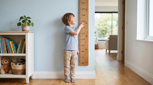 A child measuring their height against the wall at home, happy with their growth and development.