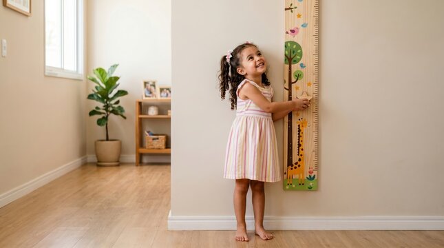 A child measuring their height against the wall at home, happy with their growth and development.
