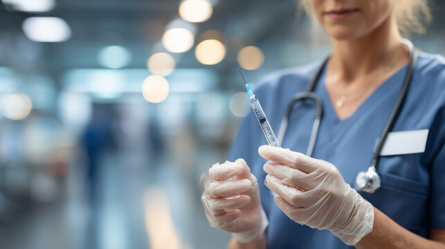 Nurse holding syringe and preparing injection in hospital, close-up medical procedure, healthcare professional in uniform, treatment, vaccination and clinical care concept