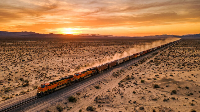 Tren de mercanc&iacute;as largo cruzando desierto al atardecer, tonos c&aacute;lidos, polvo en el ambiente, perspectiva a&eacute;rea con dron, composici&oacute;n minimalista.