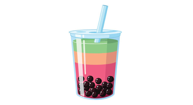 Colorful layered boba tea drink in a plastic cup with straw.