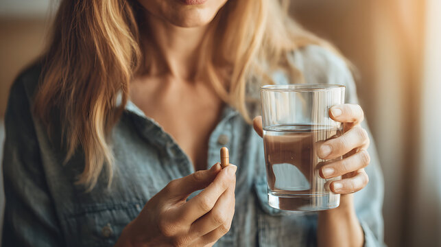 Woman taking capsule with glass of water, healthcare and daily medication routine, close-up of medicine intake, wellness and treatment concept