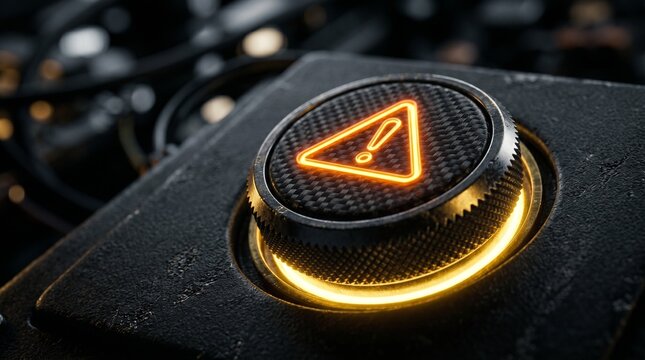 orange warning Black circular alert button,glowing emergency alert button symbolizing a critical system error, safety alert, or the "panic button" in a high-tech facility.