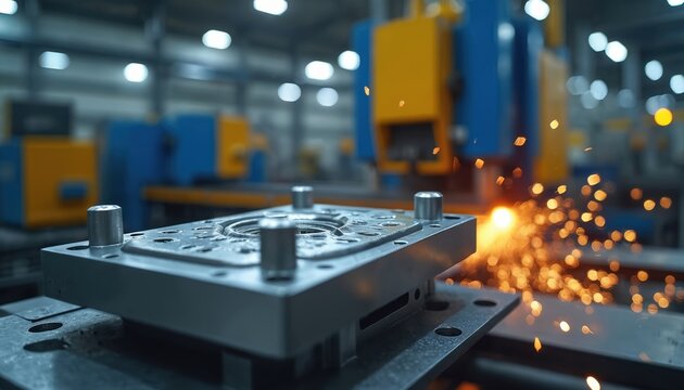 Close-up of industrial steel injection mold. Metal casting tool sits on factory floor. Machine sparks fly in background. Precision engineering for plastic production.