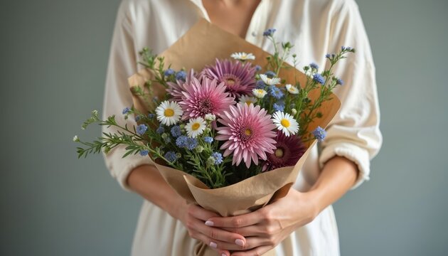 Woman holds bouquet of pink gerbera daisies and small blue flowers wrapped in brown paper. Natural light and muted background create soft, earthy aesthetic. Simple floral arrangement.