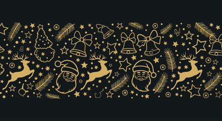 Gold Christmas icons and Santa Claus on a black background seamless pattern border © Naswi