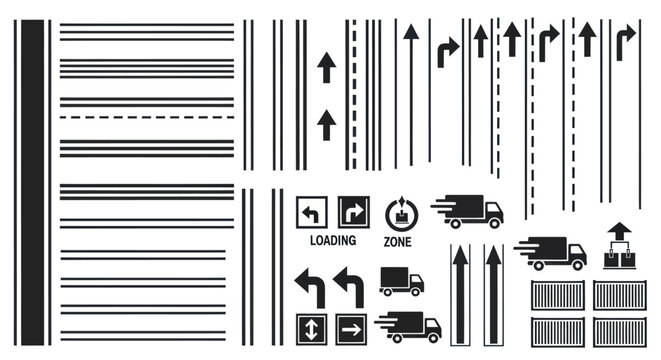 Collection of road markings, traffic signs, and delivery trucks