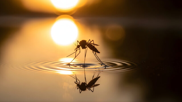 Silhouette of a Mosquito Standing on Water at Sunset