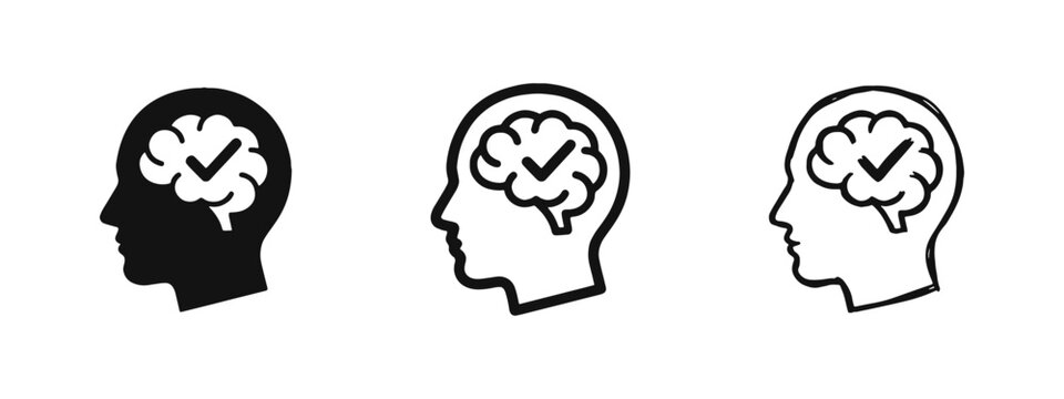 Mental Health and Logical Thinking Icons Showing Human Profile with Brain and Checkmark
