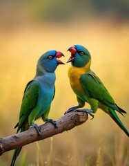 Fototapeta premium Two colorful parakeets argue on tree branch. One green and blue bird opens beak, other bird has yellow neck. Wildlife in nature closeup macro view.